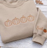 Custom Pumpkin Embroidered Sweatshirt, Line Art Fall Sleeve Name Crewneck