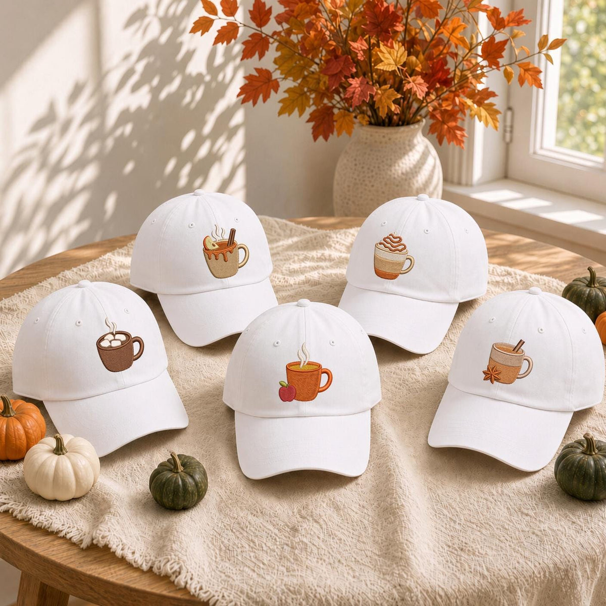 Autumn Coffee Cup Embroidered Hat, Cozy Fall Drinks Baseball Cap, Coffee Lover Gift