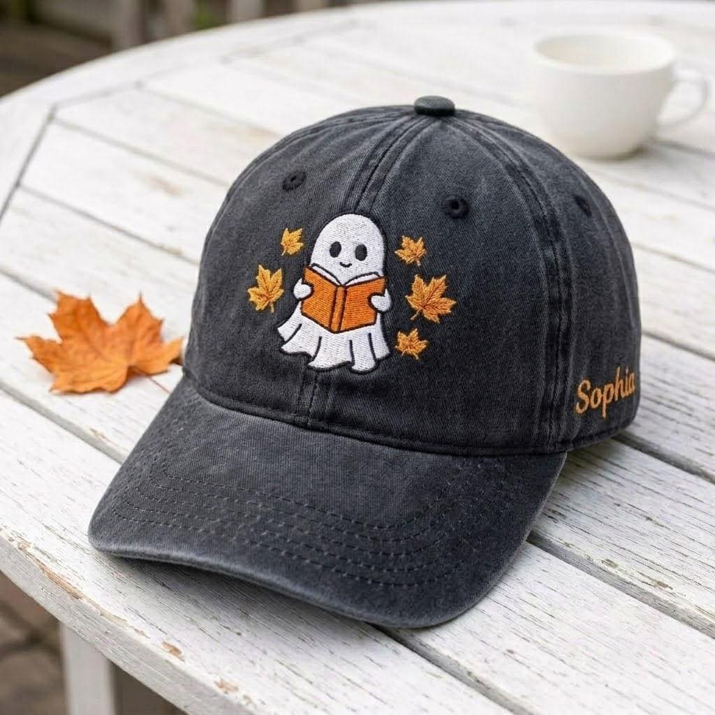 Custom Reading Ghost Embroidered Hat - Halloween Book Lover Baseball Cap