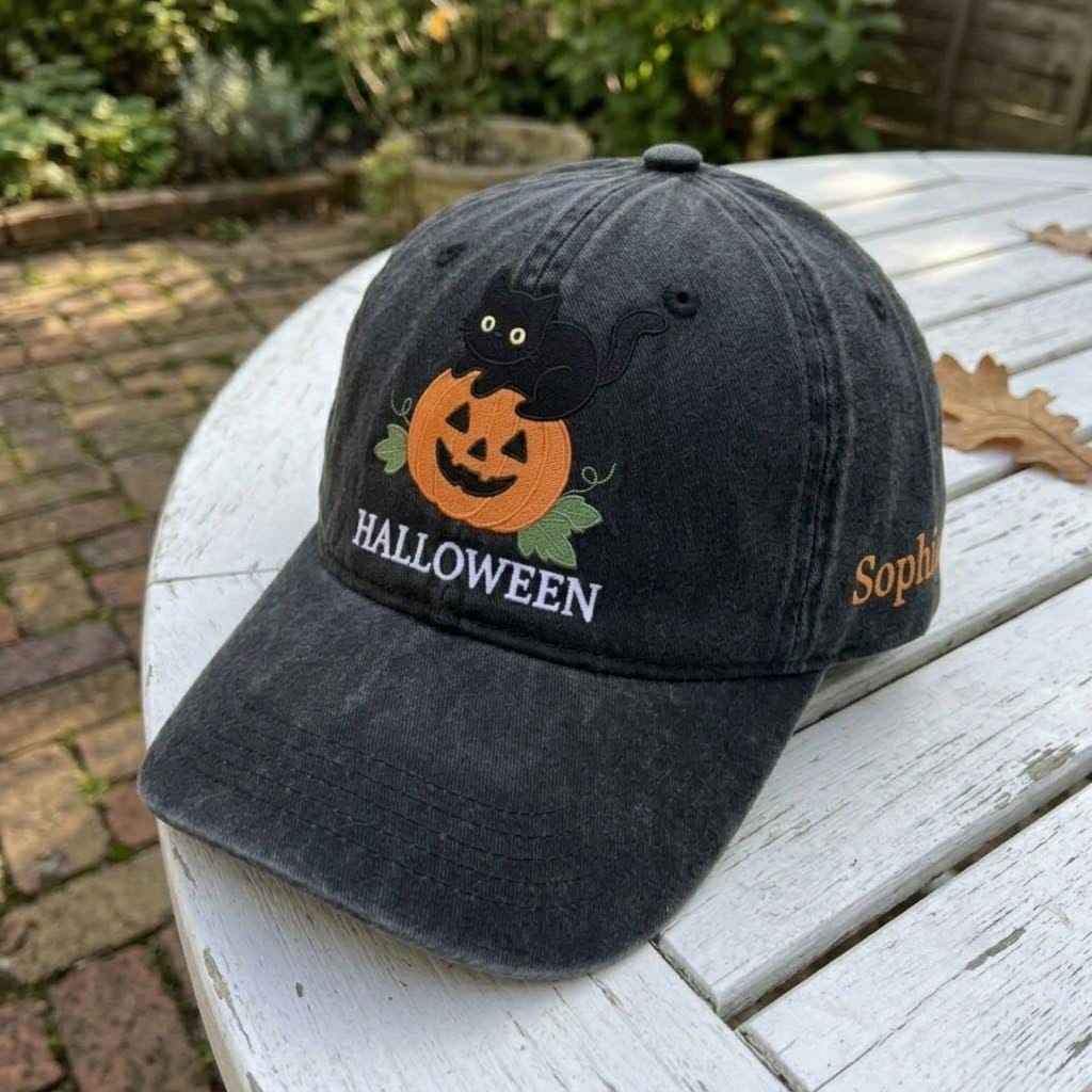 Custom Black Cat Halloween Embroidered Dad Hat