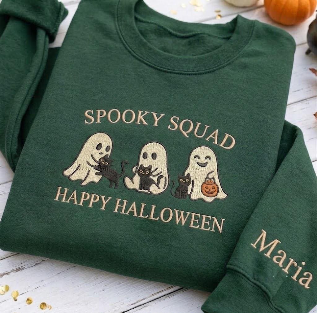 Custom Ghost Cat Embroidered Sweatshirt, Spooky Squad Halloween Sleeve Name Crewneck