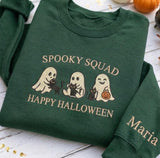 Custom Ghost Cat Embroidered Sweatshirt, Spooky Squad Halloween Sleeve Name Crewneck