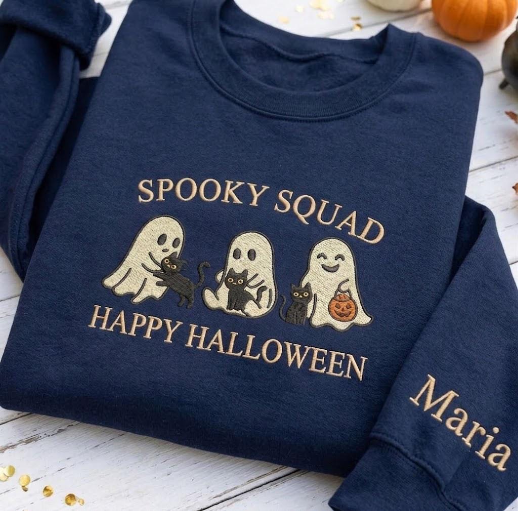 Custom Ghost Cat Embroidered Sweatshirt, Spooky Squad Halloween Sleeve Name Crewneck