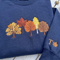 Custom Autumn Trees Embroidered Sweatshirt, Fall Leaves Forest Sleeve Initial Crewneck