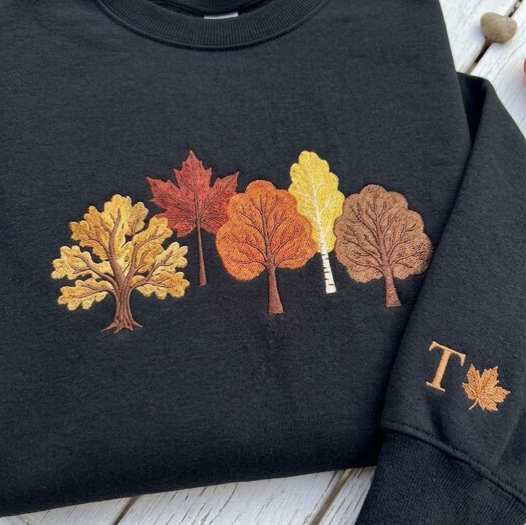 Custom Autumn Trees Embroidered Sweatshirt, Fall Leaves Forest Sleeve Initial Crewneck