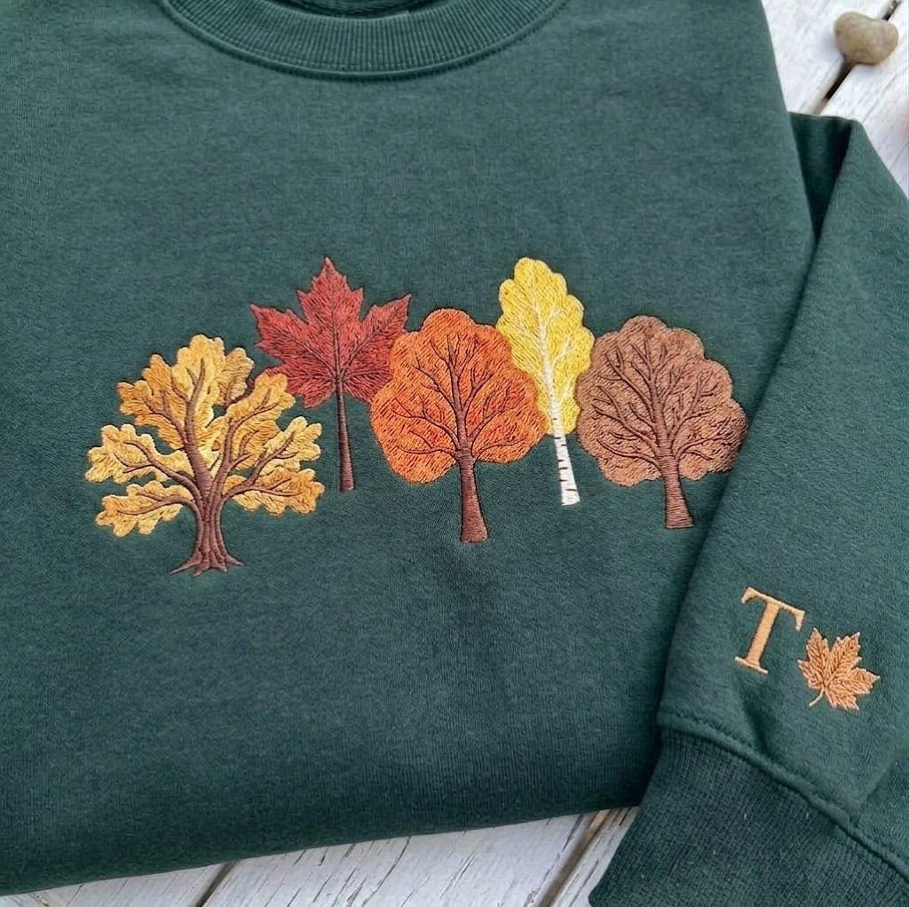 Custom Autumn Trees Embroidered Sweatshirt, Fall Leaves Forest Sleeve Initial Crewneck