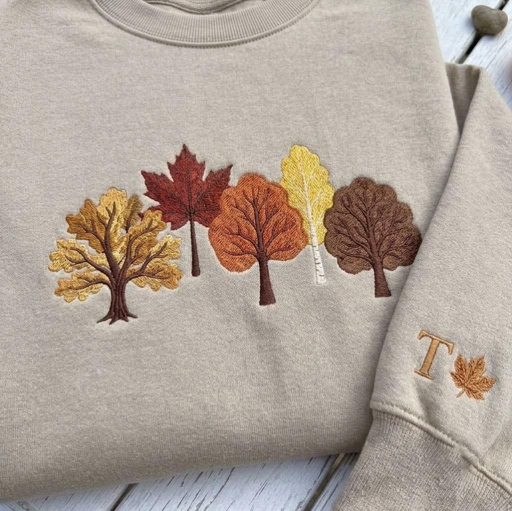 Custom Autumn Trees Embroidered Sweatshirt, Fall Leaves Forest Sleeve Initial Crewneck