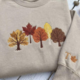 Custom Autumn Trees Embroidered Sweatshirt, Fall Leaves Forest Sleeve Initial Crewneck