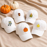 Cozy Fall Icons Embroidered Hat, Pumpkin Coffee Candle Socks Baseball Cap, Autumn Gift
