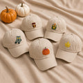 Cozy Fall Icons Embroidered Hat, Pumpkin Coffee Candle Socks Baseball Cap, Autumn Gift