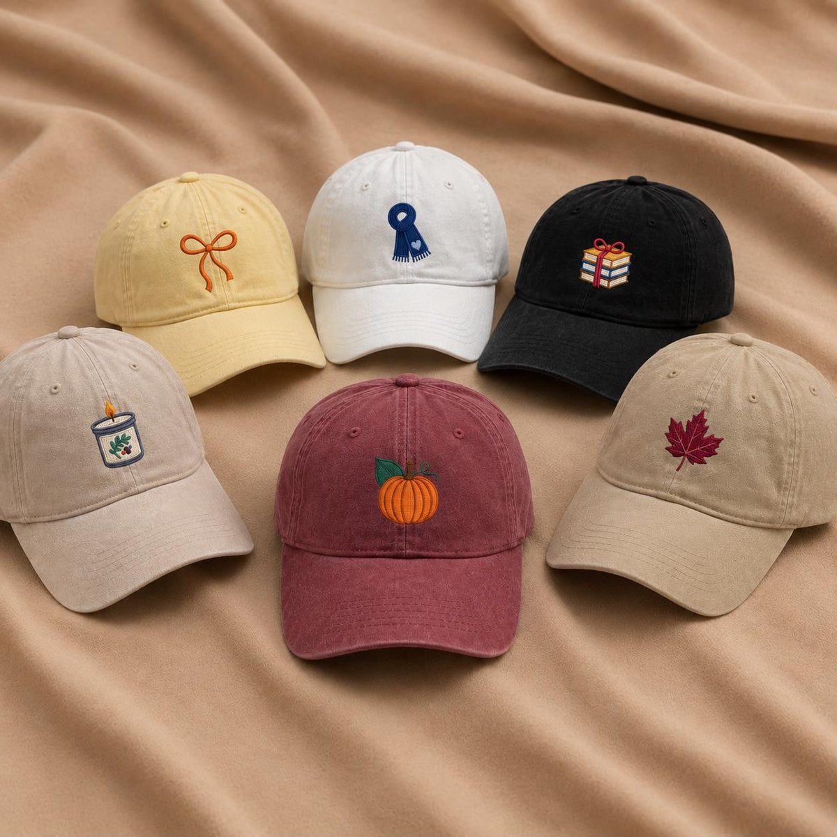 Fall Icons Embroidered Hat, Duck Pumpkin Camera Bow Baseball Cap, Cute Autumn Gift