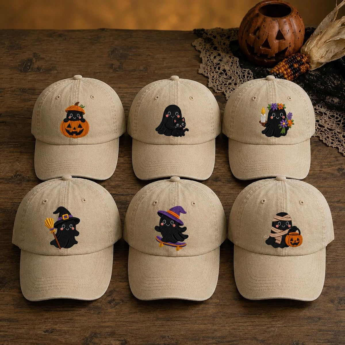 Mini Ghost Pumpkin Embroidered Halloween Hat, Cute Fall Baseball Cap, Family Matching Gift