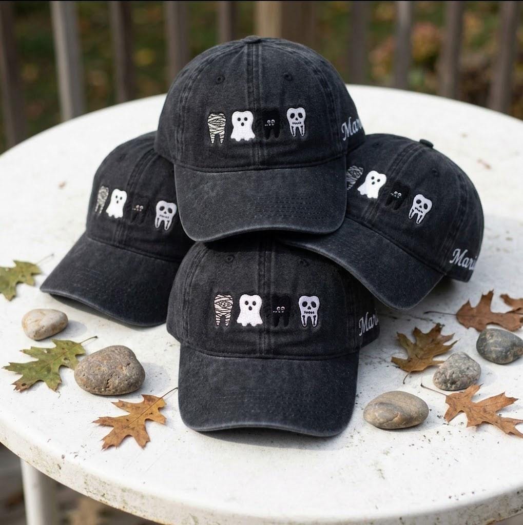 Custom Halloween Dental Embroidered Hat - Personalized Spooky Tooth Baseball Cap