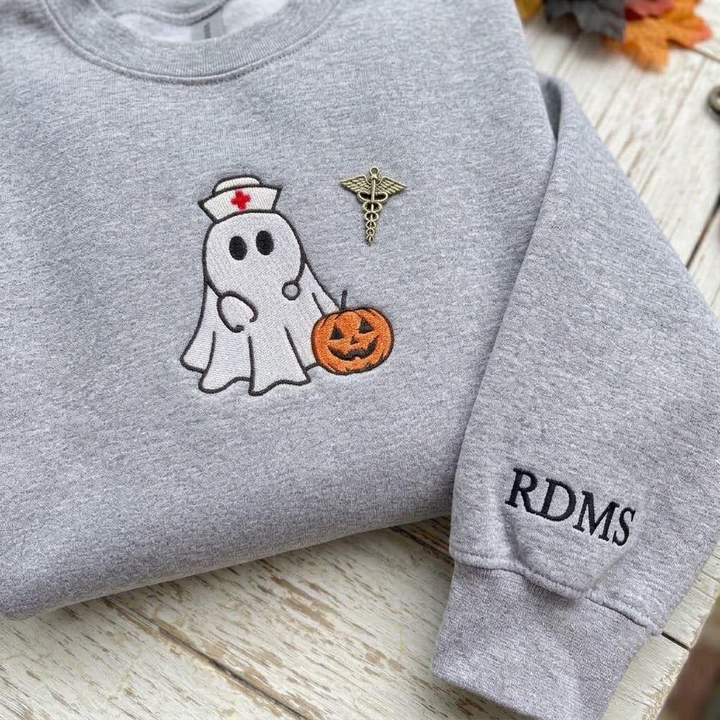 Custom Nurse Ghost Embroidered Sweatshirt, Halloween Sonographer RDMS Sleeve Crewneck