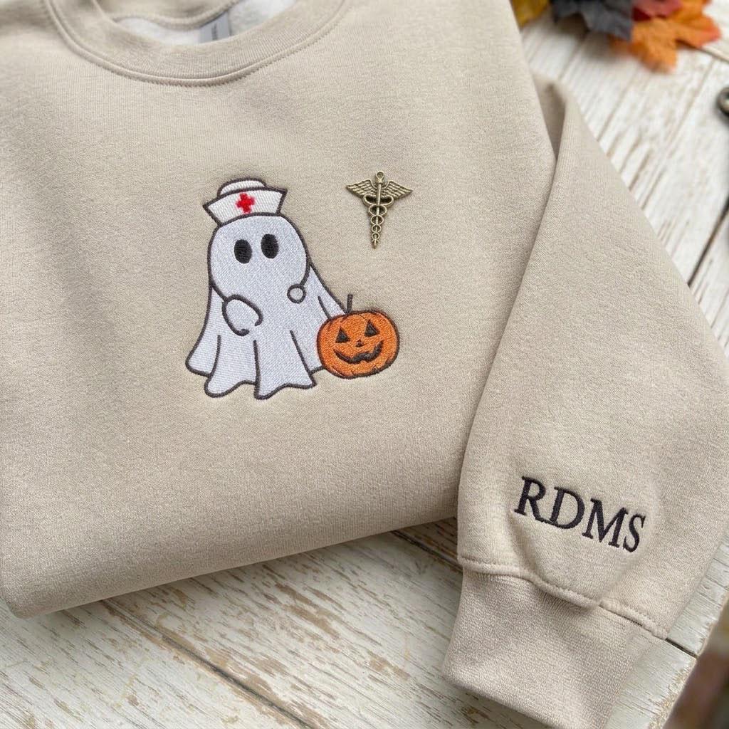 Custom Nurse Ghost Embroidered Sweatshirt, Halloween Sonographer RDMS Sleeve Crewneck