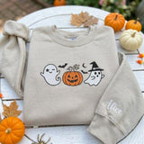 Custom Halloween Ghost Pumpkin Sweatshirt, Witch Ghost Sleeve Name Fall Crewneck