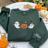 Custom Halloween Ghost Pumpkin Sweatshirt, Witch Ghost Sleeve Name Fall Crewneck