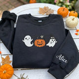 Custom Halloween Ghost Pumpkin Sweatshirt, Witch Ghost Sleeve Name Fall Crewneck