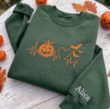 Custom Pumpkin Heartbeat Embroidered Sweatshirt, Halloween Nurse Sleeve Name Crewneck