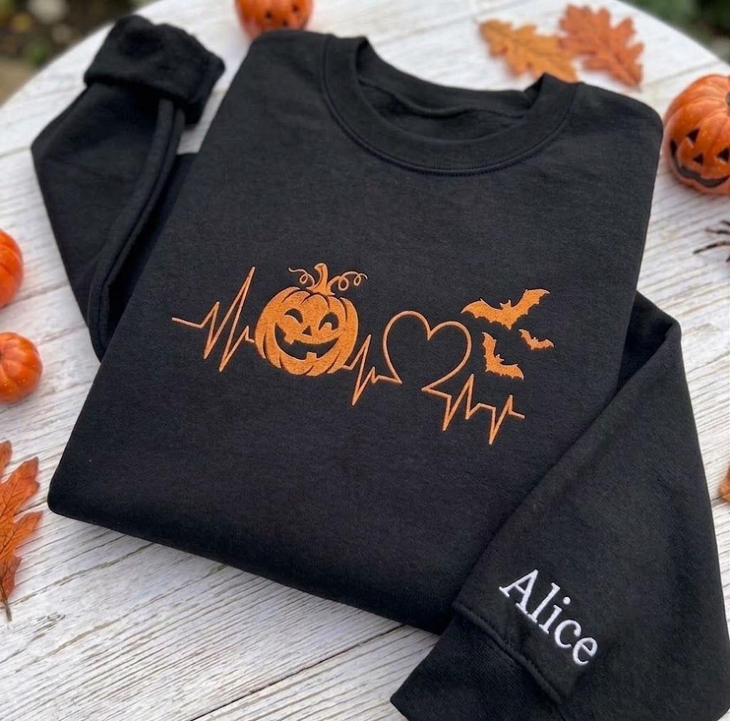 Custom Pumpkin Heartbeat Embroidered Sweatshirt, Halloween Nurse Sleeve Name Crewneck
