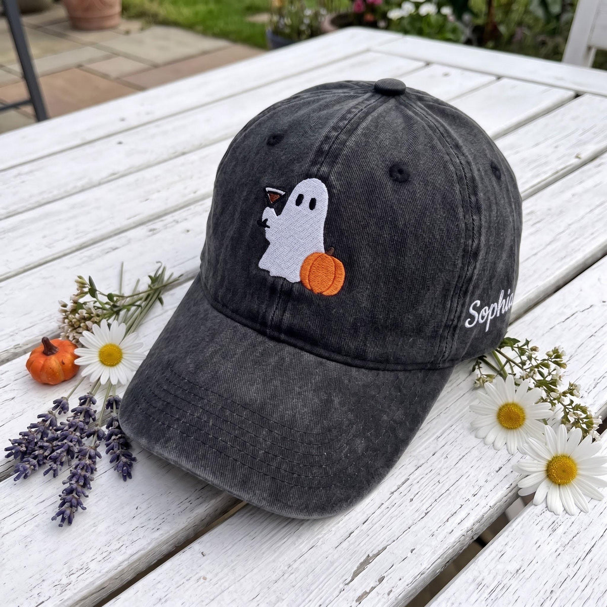 Custom Ghost Cocktail Embroidered Hat - Halloween Pumpkin Baseball Cap