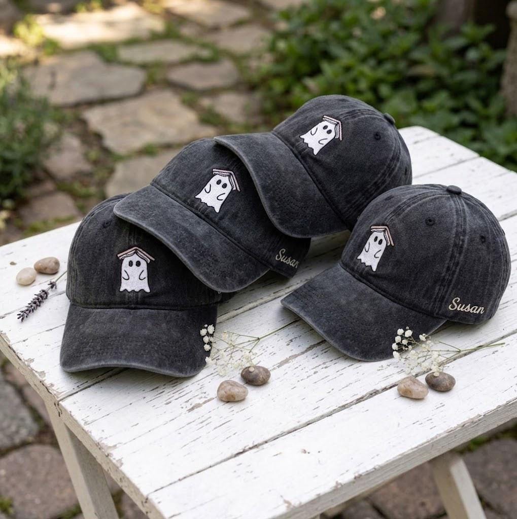 Custom Reading Ghost Embroidered Hat, Book Lover Halloween Dad Hat, Personalized Fall Vintage Baseball Cap, Spooky Season Bookish Gifts