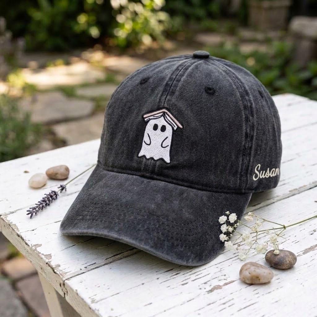 Custom Reading Ghost Embroidered Hat, Book Lover Halloween Dad Hat, Personalized Fall Vintage Baseball Cap, Spooky Season Bookish Gifts