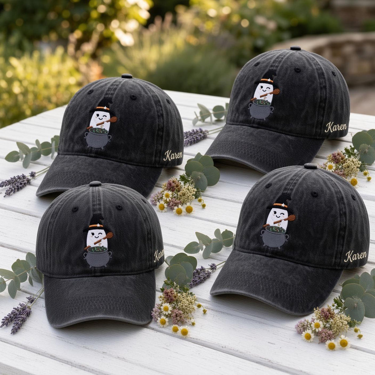 Custom Witch Ghost Embroidered Hat, Halloween Cauldron Dad Hat, Personalized Fall Vintage Baseball Cap, Cute Spooky Season Costume Gift