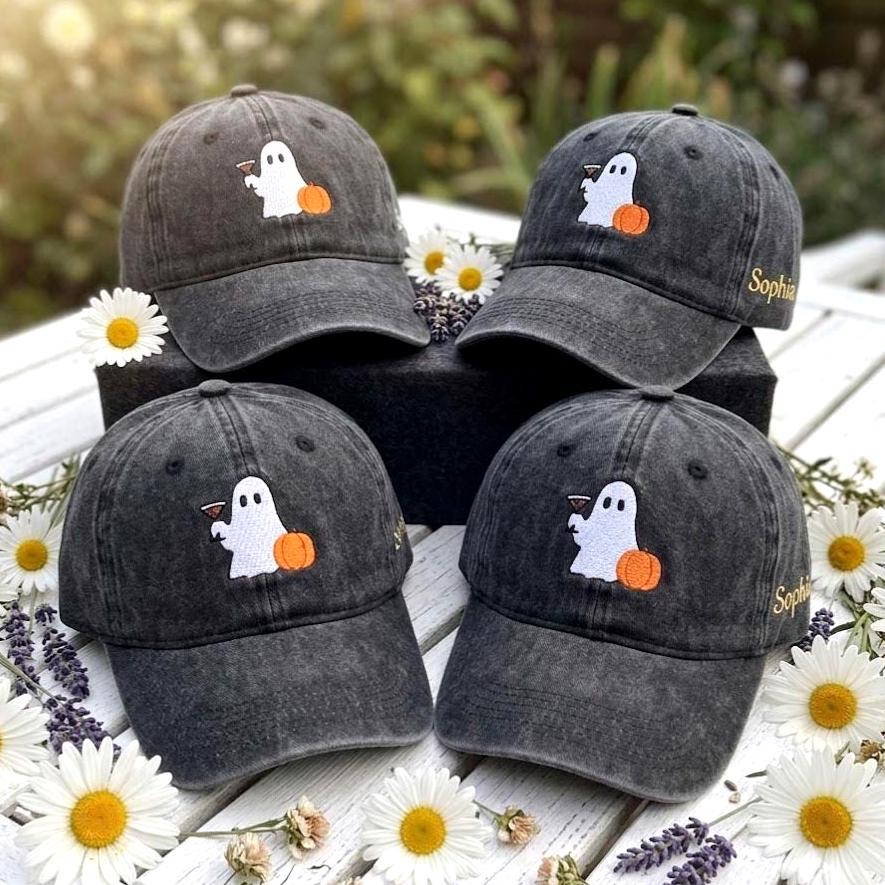 Custom Ghost Cocktail Embroidered Hat - Halloween Pumpkin Baseball Cap