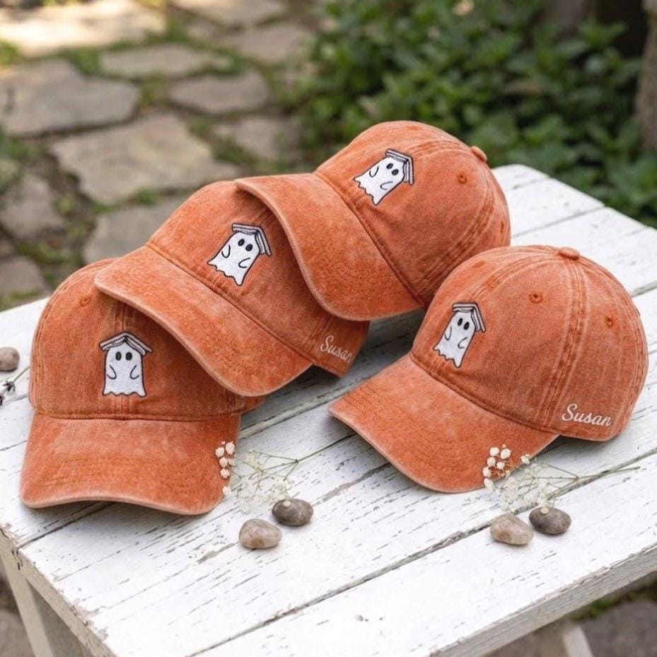 Custom Reading Ghost Embroidered Hat, Book Lover Halloween Dad Hat, Personalized Fall Vintage Baseball Cap, Spooky Season Bookish Gifts