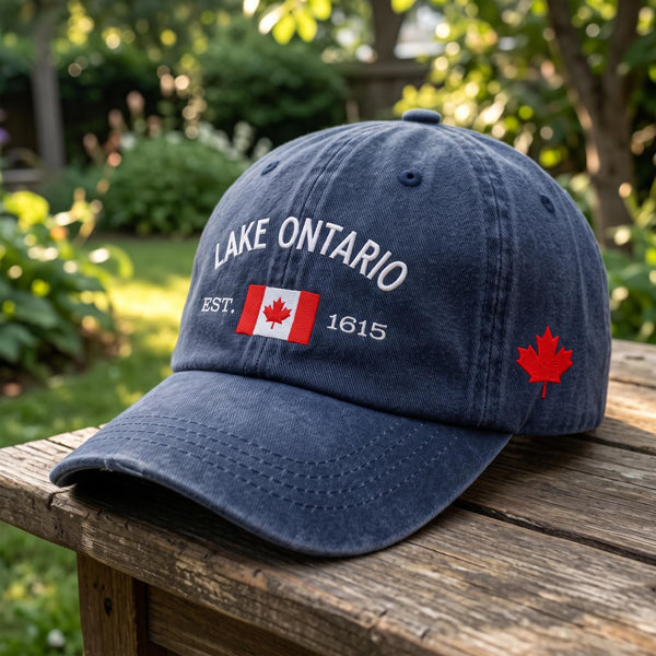 Lake Ontario Canada Flag Embroidered Hat, Maple Leaf Vintage Washed Baseball Cap, Cottage Vacation Gift