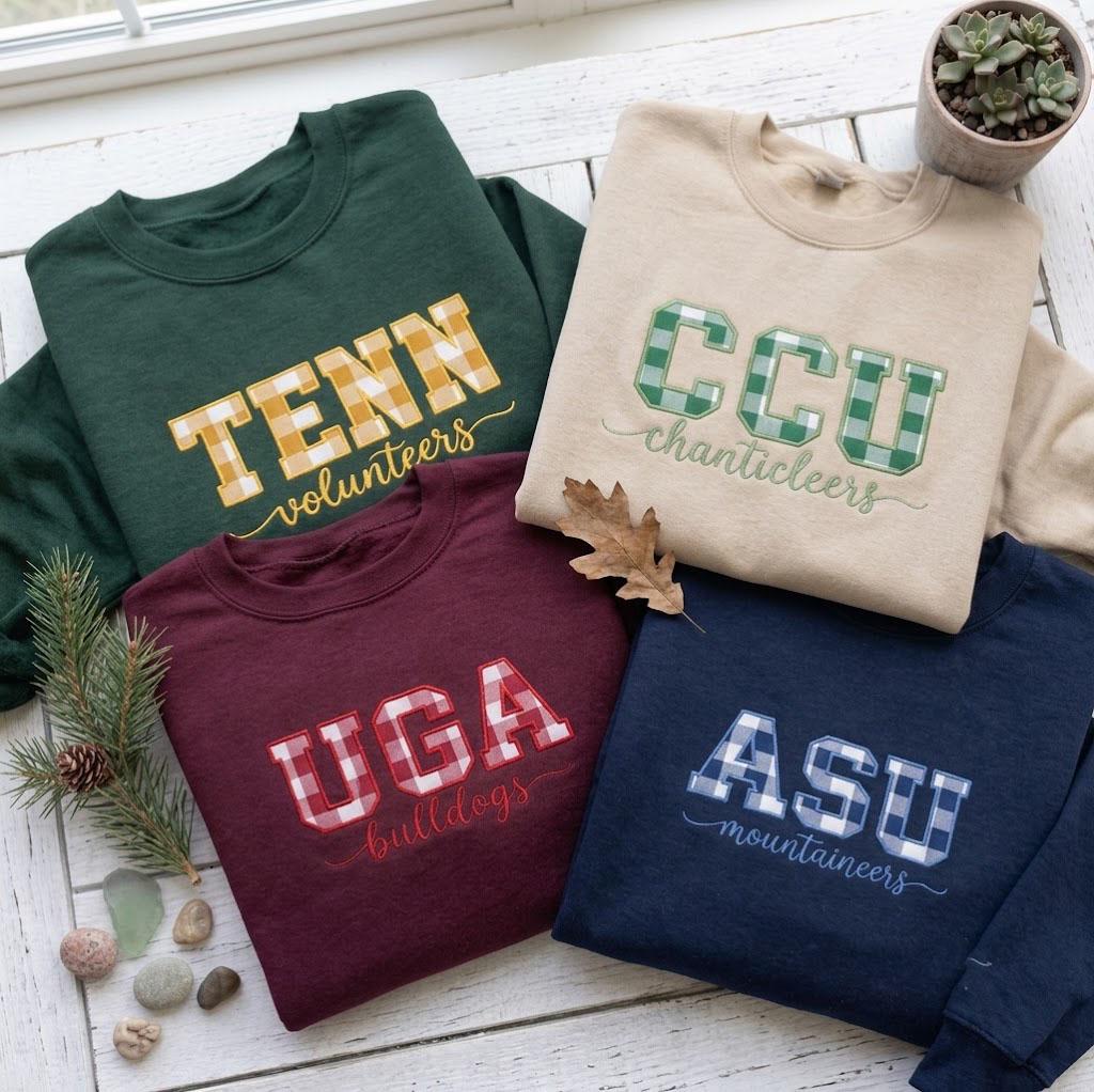 Custom Embroidered College Sweatshirt, Plaid Applique Team Mascot Game Day Crewneck