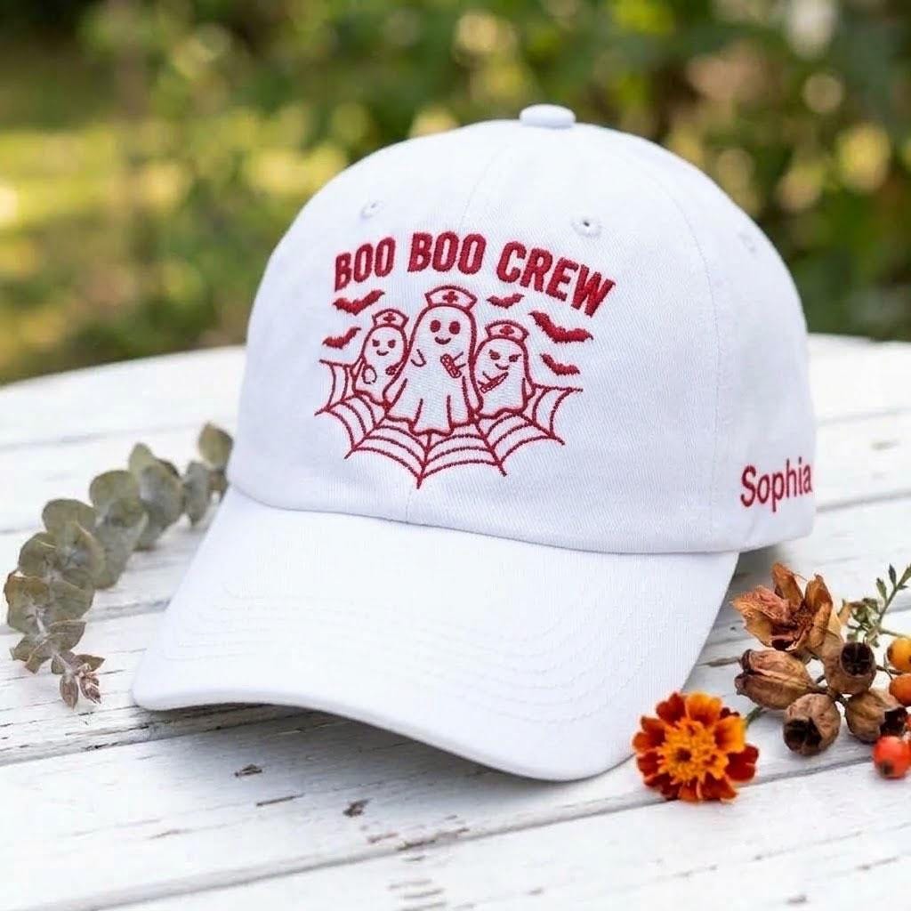 Custom Boo Boo Crew Embroidered Hat, Ghost Nurse Halloween Dad Hat, Personalized Side Name Baseball Cap, Vintage Washed Spooky Season Gift