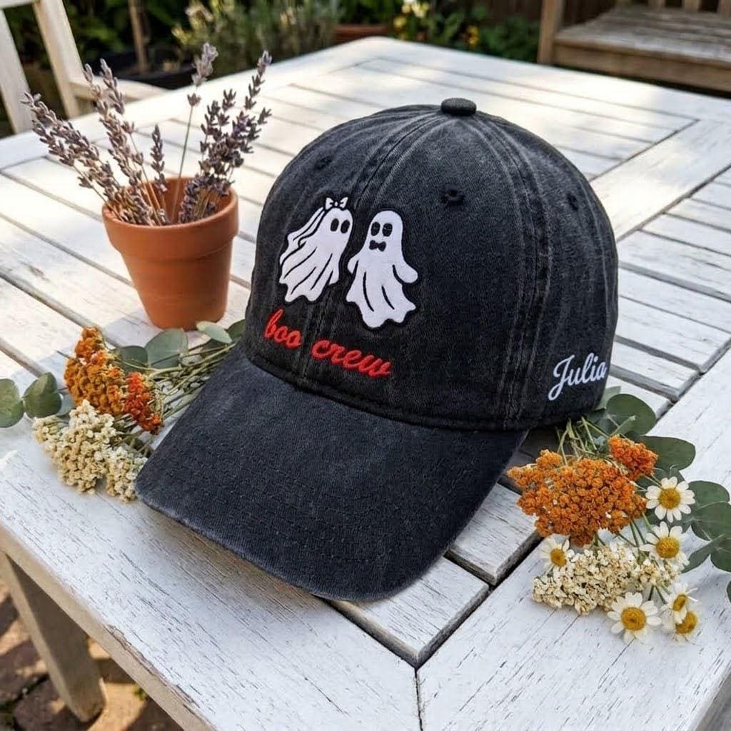 Custom Boo Crew Embroidered Hat, Cute Ghost Couple Halloween Dad Hat, Vintage Washed Baseball Cap, Personalized Side Name Fall Family Gifts