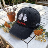 Custom Boo Crew Embroidered Hat, Cute Ghost Couple Halloween Dad Hat, Vintage Washed Baseball Cap, Personalized Side Name Fall Family Gifts