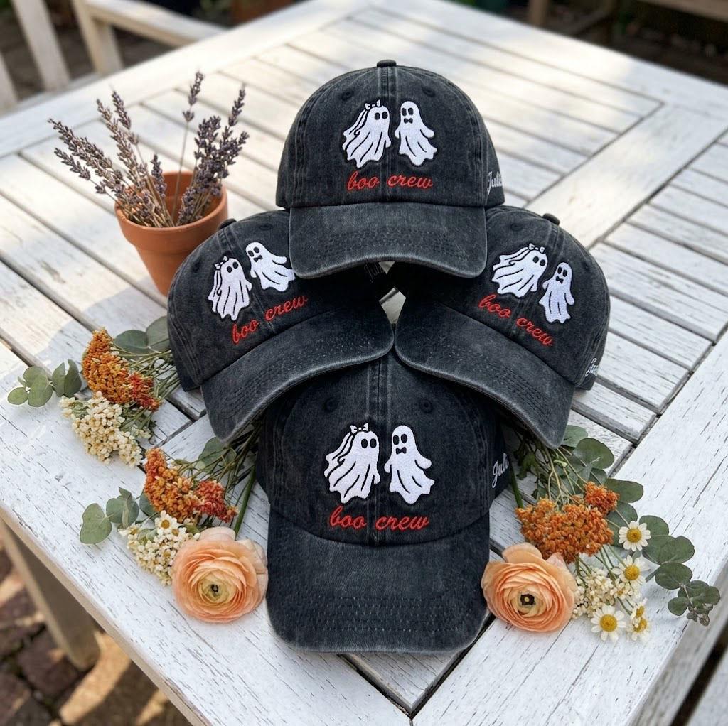 Custom Boo Crew Embroidered Hat, Cute Ghost Couple Halloween Dad Hat, Vintage Washed Baseball Cap, Personalized Side Name Fall Family Gifts
