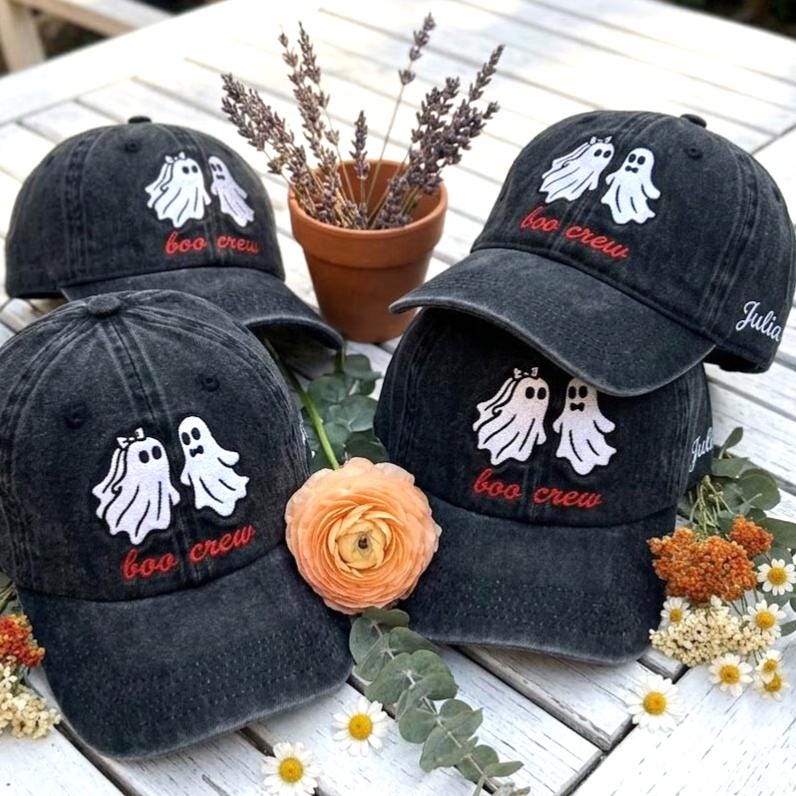 Custom Boo Crew Embroidered Hat, Cute Ghost Couple Halloween Dad Hat, Vintage Washed Baseball Cap, Personalized Side Name Fall Family Gifts