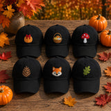 Autumn Icons Embroidered Hat, Cute Fall Baseball Cap, Matching Vintage Washed Cotton Hat