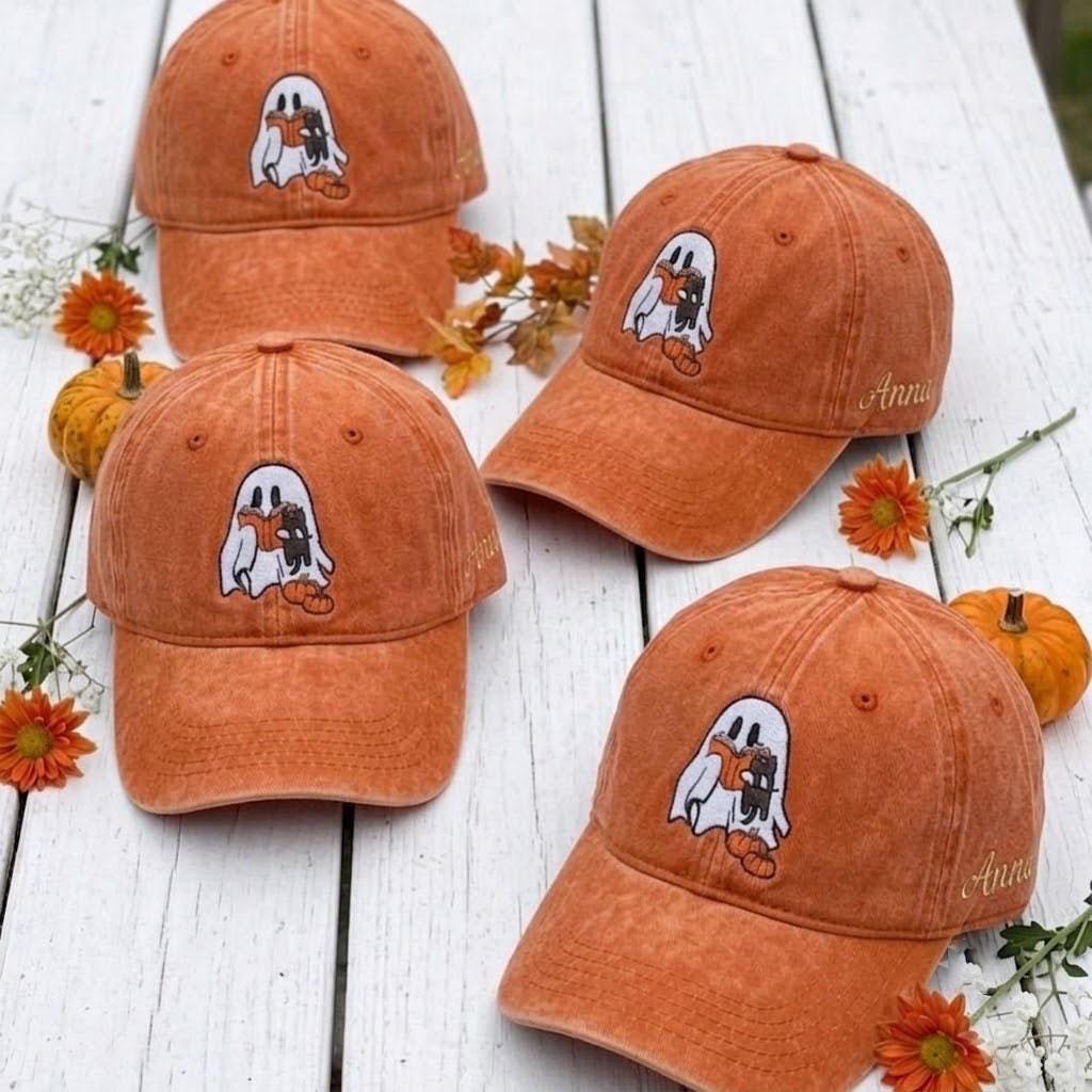 Custom Reading Ghost Embroidered Hat, Book Lover Cat Dad Hat, Personalized Fall Vintage Baseball Cap, Cute Spooky Season Bookish Gift