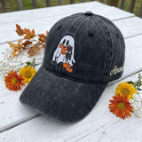 Custom Reading Ghost Embroidered Hat, Book Lover Cat Dad Hat, Personalized Fall Vintage Baseball Cap, Cute Spooky Season Bookish Gift
