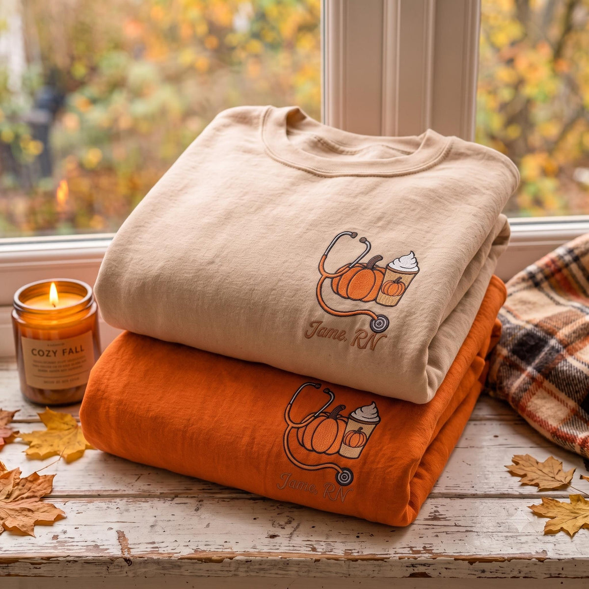 Custom Nurse Fall Pumpkin Embroidered Sweatshirt, Personalized RN Stethoscope Crewneck
