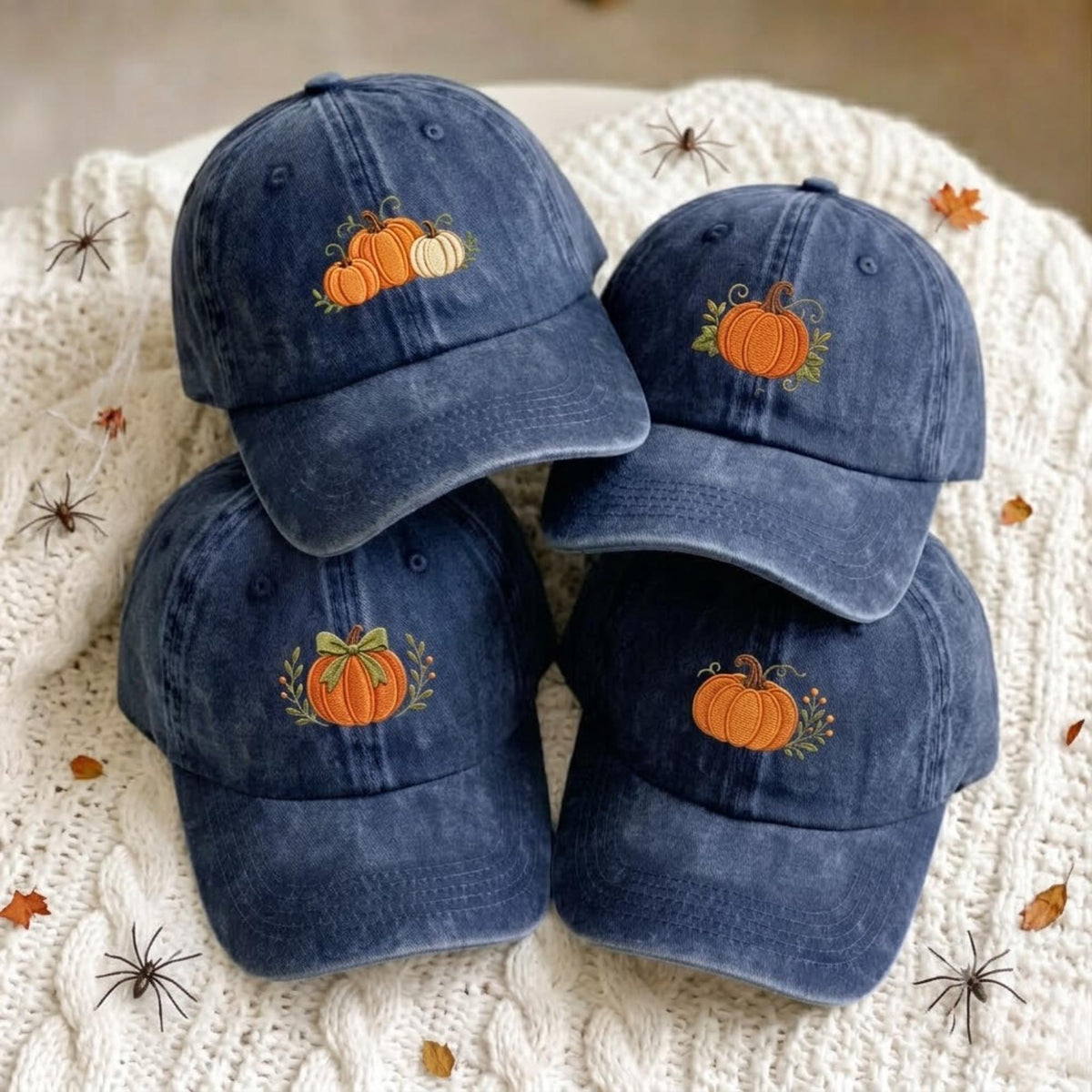 Embroidered Pumpkin Dad Hat, Vintage Washed Denim Baseball Cap, Cute Fall Aesthetic Hat, Autumn Pumpkin Embroidered Cap, Thanksgiving Gift