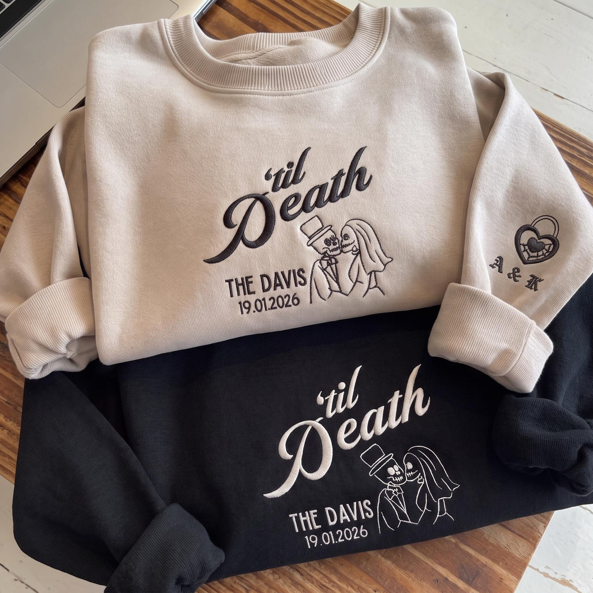 Embroidered Til Death Sweatshirt, Custom Skeleton Hoodie, Sleeve Initial Date Crewneck, Wedding Anniversary Gift, Till Death Do Us Part