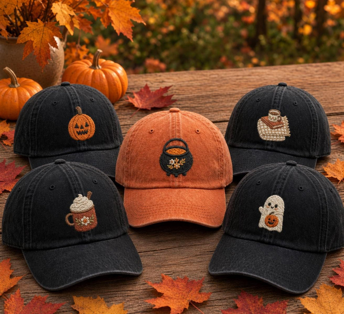 Mini Autumn Icons Embroidered Hat, Minimalist Fall Baseball Cap, Seasonal Nature Gift