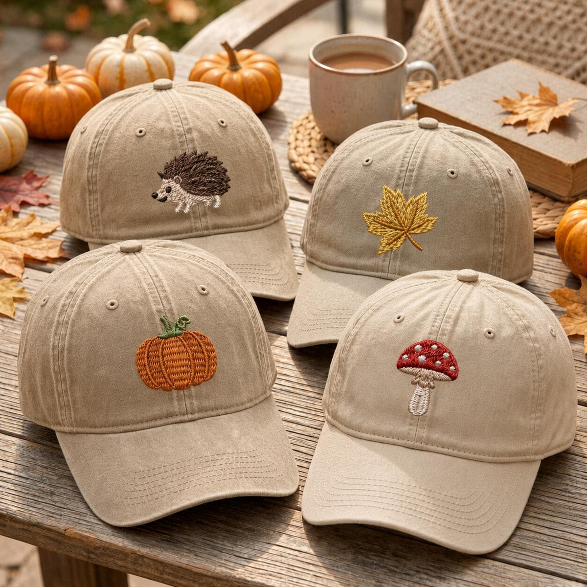Cute Fall Animal Embroidered Hat, Mini Autumn Icons Baseball Cap, Thanksgiving Gift