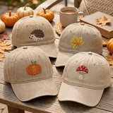 Cute Fall Animal Embroidered Hat, Mini Autumn Icons Baseball Cap, Thanksgiving Gift