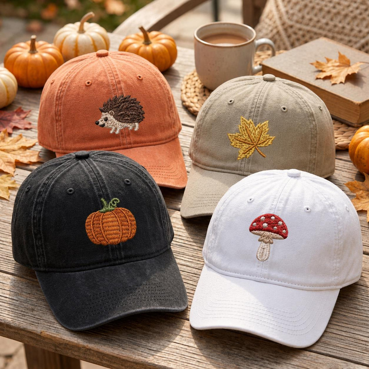 Cute Fall Animal Embroidered Hat, Mini Autumn Icons Baseball Cap, Thanksgiving Gift