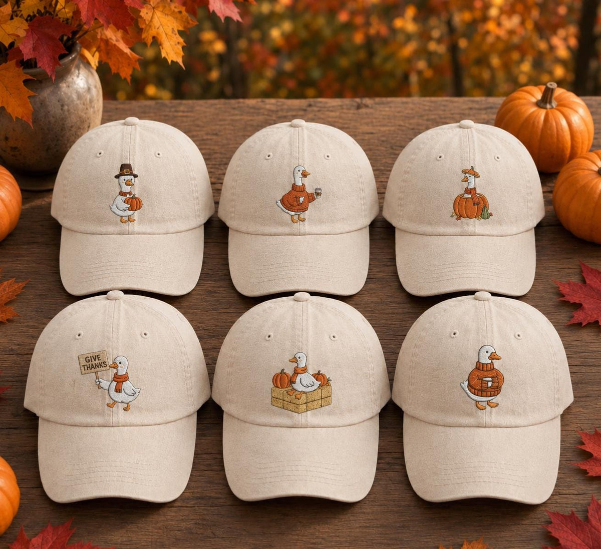Autumn Goose Embroidered Hat, Cute Pumpkin Coffee Baseball Cap, Fall Animal Lover Gift