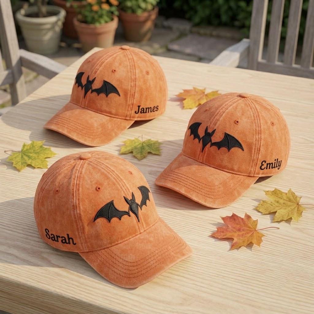 Bat Corduroy Embroidered Cap, Custom Name Halloween Dad Hat, Spooky Season Autumn Hat, Cozy Aesthetic Accessory, Halloween Gift