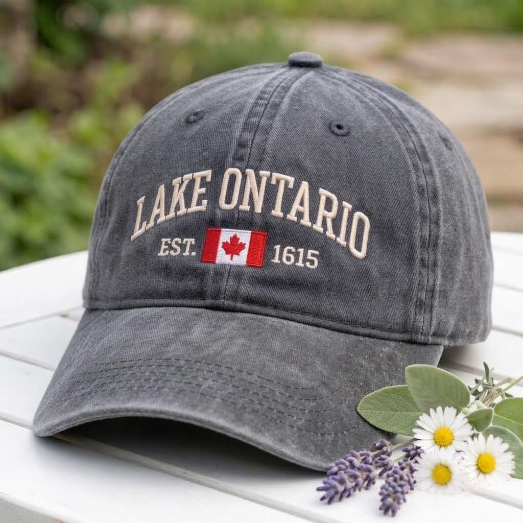 Lake Ontario Canada Flag Embroidered Hat, Vintage Washed Cotton Baseball Cap, Great Lakes Travel Gift
